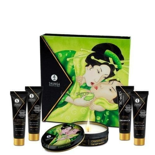 Свеча с массажным маслом в наборе Shunga Geisha Organica Экзотический зеленый чай, 5 предметов в упаковке